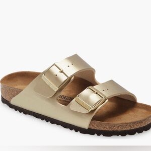 Ladies Sz 40 Birkenstock Metallic Gold Arizona Birko-Flor Slide Sandals